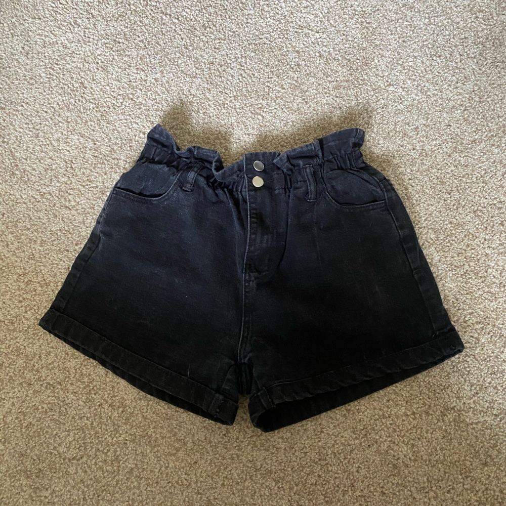 Black denim scrunched waist shorts